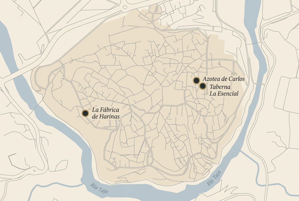 Ilustración del casco histórico de Toledo con las tres localizaciones